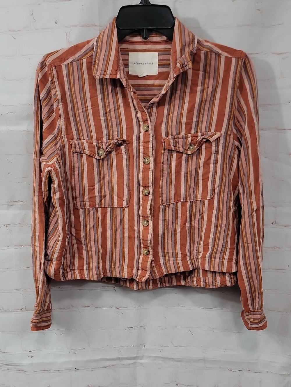 Aeropostale Rust and Cream Striped Button-Front Shirt Jacket